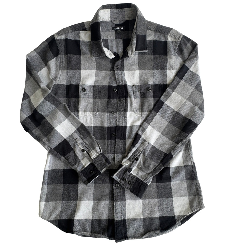 Express Mens Buffalo Plaid Flannel Shirt‎ Black White Herringbone Large L